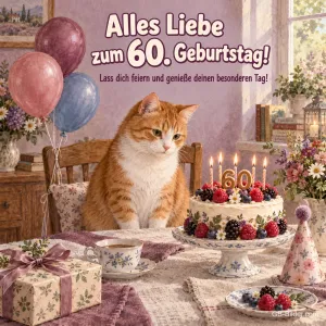 Rote Katze vor einer Geburtstagstorte mit 60-Kerzen, Text: Alles Liebe zum 60. Geburtstag!