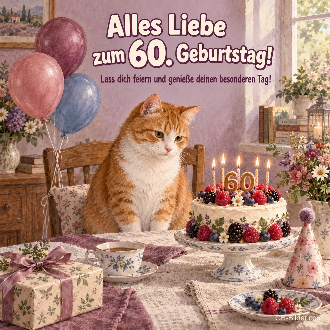 Rote Katze vor einer Geburtstagstorte mit 60-Kerzen, Text: Alles Liebe zum 60. Geburtstag!
