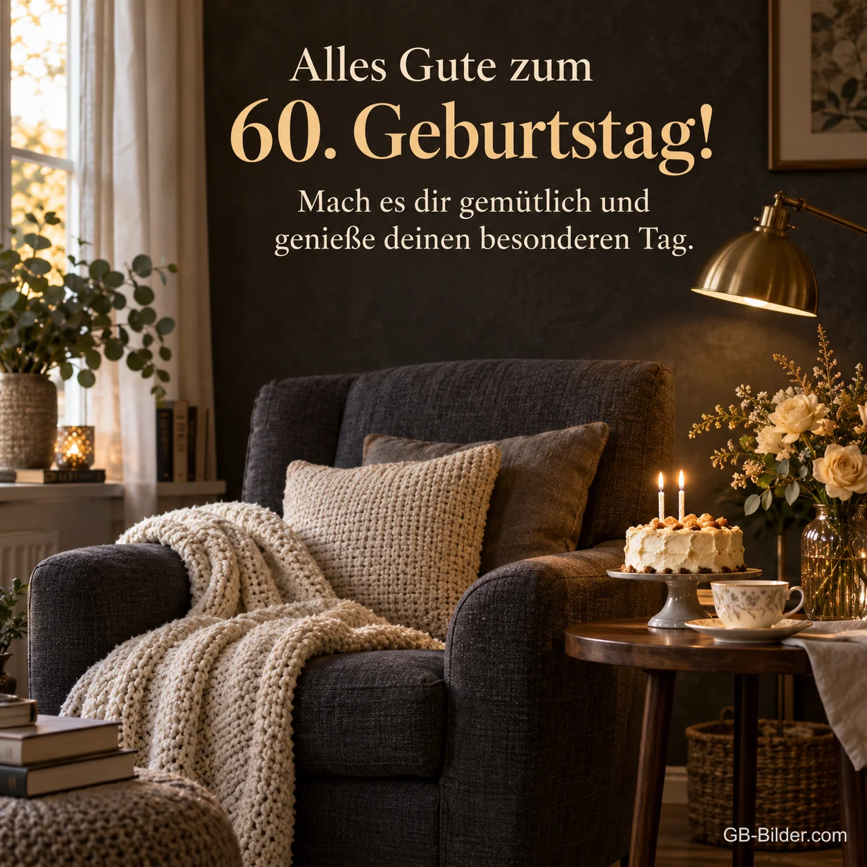 Gemütlicher Sessel mit Torte und Tee, Text: Alles Gute zum 60. Geburtstag! Mach es dir gemütlich.