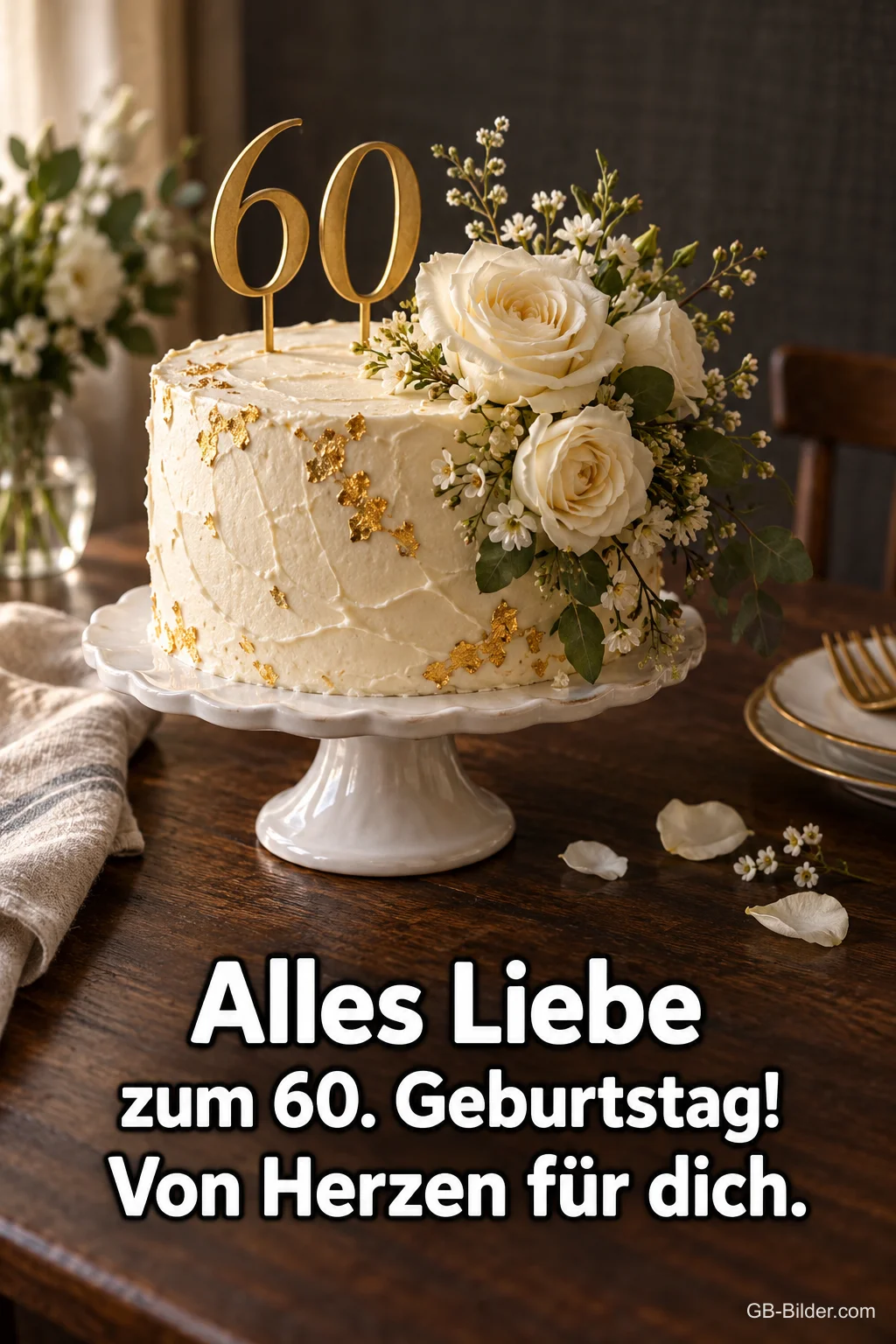 Weiße Torte mit goldener 60 und Rosen, Text: Alles Liebe zum 60. Geburtstag! Von Herzen für dich.