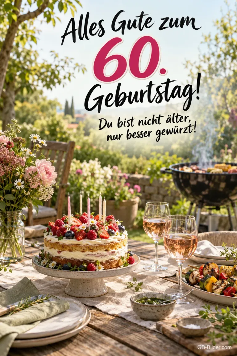 Gartentisch mit Beerentorte und Grillgemüse, Text: Alles Gute zum 60. Geburtstag! Du bist nicht älter, nur besser gewürzt!
