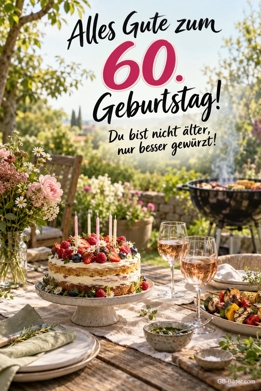 Gartentisch mit Beerentorte und Grillgemüse, Text: Alles Gute zum 60. Geburtstag! Du bist nicht älter, nur besser gewürzt!