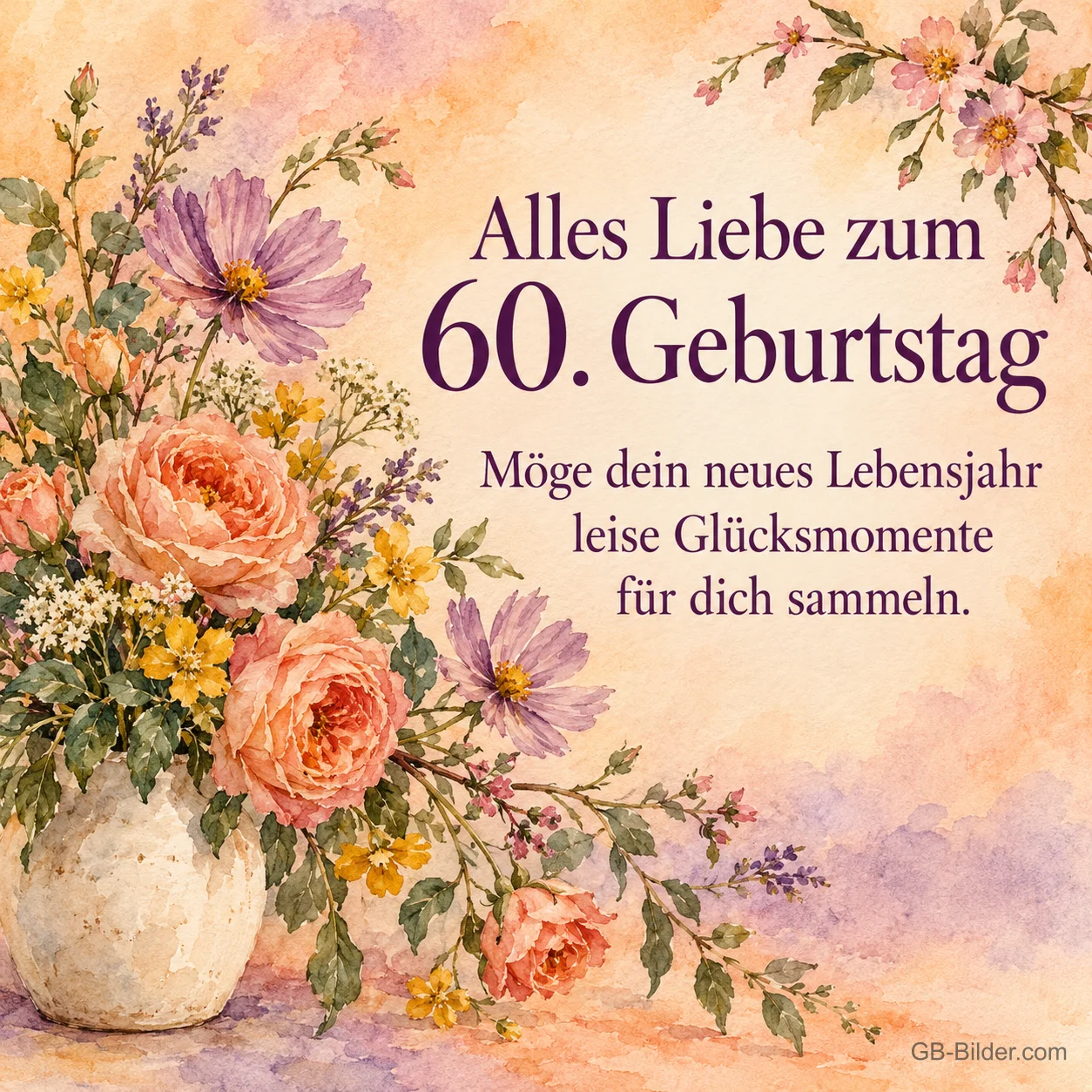 Blumenstrauß in Aquarell, Text: Alles Liebe zum 60. Geburtstag – Möge dein neues Lebensjahr leise Glücksmomente sammeln.