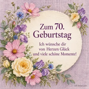 Gartenblumen in Aquarell, Text: Zum 70. Geburtstag – Glück und viele schöne Momente!