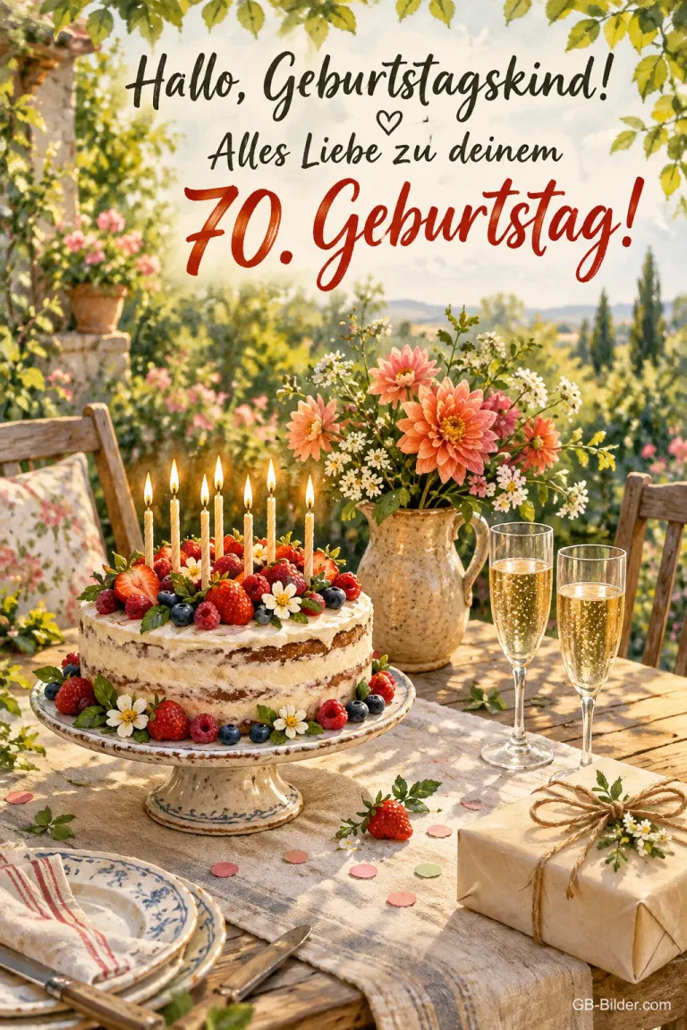 Beerentorte auf einem Gartentisch, Text: Hallo, Geburtstagskind! Alles Liebe zu deinem 70. Geburtstag!