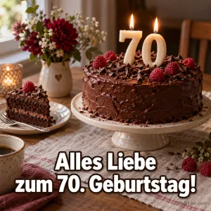 Schokoladentorte mit 70-Kerzen, Text: Alles Liebe zum 70. Geburtstag!