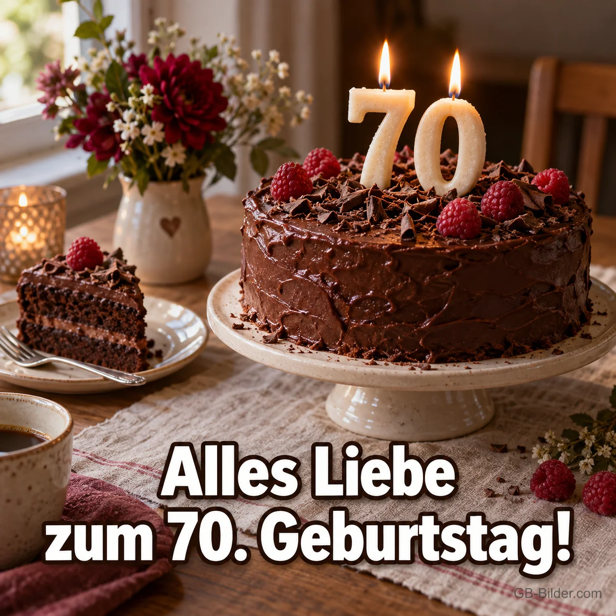Schokoladentorte mit 70-Kerzen, Text: Alles Liebe zum 70. Geburtstag! Schokoladentorte mit 70-Kerzen, Text: Alles Liebe zum 70. Geburtstag!