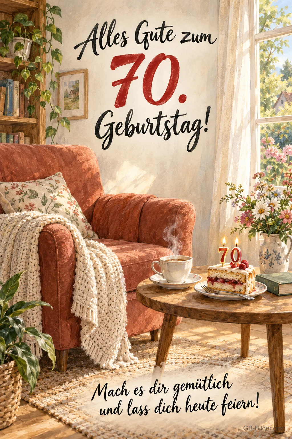 Gemütlicher Sessel mit Torte und Tee, Text: Alles Gute zum 70. Geburtstag! Gemütlicher Sessel mit Torte und Tee, Text: Alles Gute zum 70. Geburtstag!