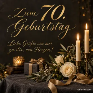 Weiße Rosen und Kerzen auf dunklem Samt, Text: Zum 70. Geburtstag – Liebe Grüße von Herzen!