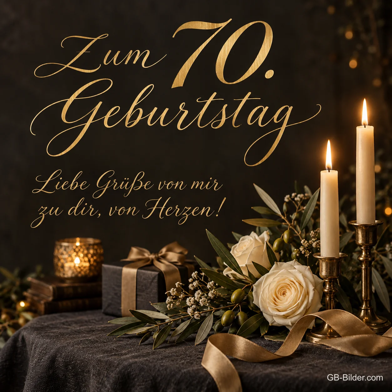 Weiße Rosen und Kerzen auf dunklem Samt, Text: Zum 70. Geburtstag – Liebe Grüße von Herzen! Weiße Rosen und Kerzen auf dunklem Samt, Text: Zum 70. Geburtstag – Liebe Grüße von Herzen!