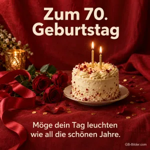 Torte mit Kerzen und roten Rosen, Text: Zum 70. Geburtstag – Möge dein Tag leuchten wie all die schönen Jahre.