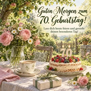Frühstückstisch mit Beerentorte im Garten, Text: Guten Morgen zum 70. Geburtstag!
