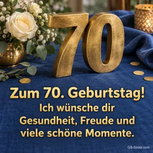 Goldene 70 mit weißen Rosen, Text: Zum 70. Geburtstag! Gesundheit, Freude und viele schöne Momente.