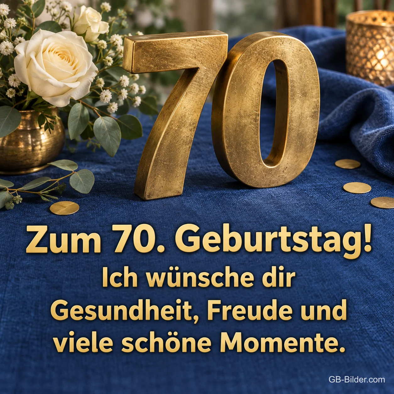 Goldene 70 mit weißen Rosen, Text: Zum 70. Geburtstag! Gesundheit, Freude und viele schöne Momente. Goldene 70 mit weißen Rosen, Text: Zum 70. Geburtstag! Gesundheit, Freude und viele schöne Momente.