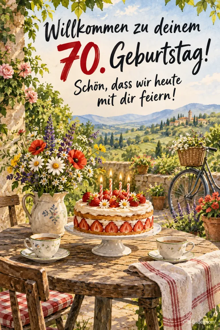 Erdbeertorte auf einem Gartentisch, Text: Willkommen zu deinem 70. Geburtstag!