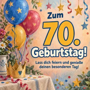 Luftballons und Krone auf einem Tisch, Text: Zum 70. Geburtstag! Lass dich feiern!