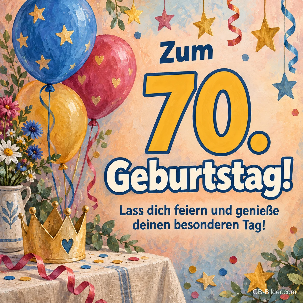 Luftballons und Krone auf einem Tisch, Text: Zum 70. Geburtstag! Lass dich feiern! Luftballons und Krone auf einem Tisch, Text: Zum 70. Geburtstag! Lass dich feiern!