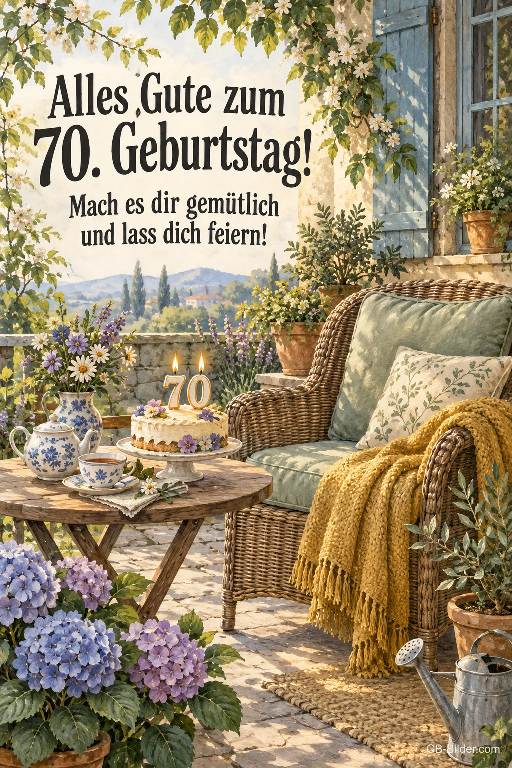 Korbsessel und Torte auf einer Terrasse, Text: Alles Gute zum 70. Geburtstag!