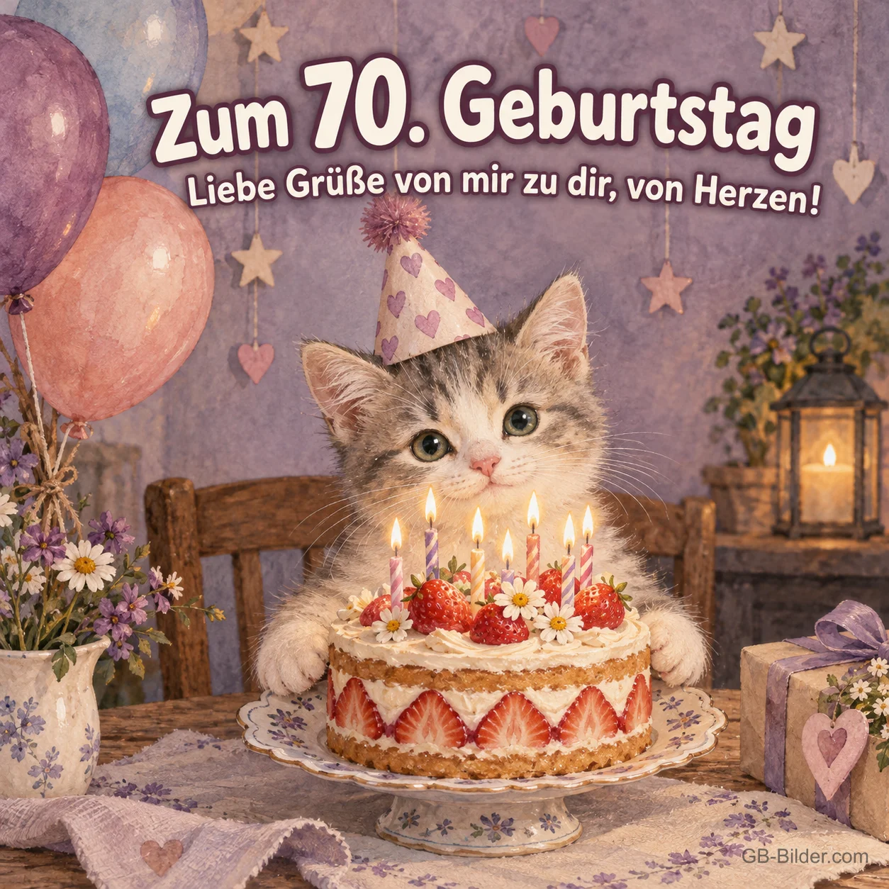 Kätzchen mit Partyhut hinter Erdbeertorte, Text: Zum 70. Geburtstag – Liebe Grüße von Herzen! Kätzchen mit Partyhut hinter Erdbeertorte, Text: Zum 70. Geburtstag – Liebe Grüße von Herzen!