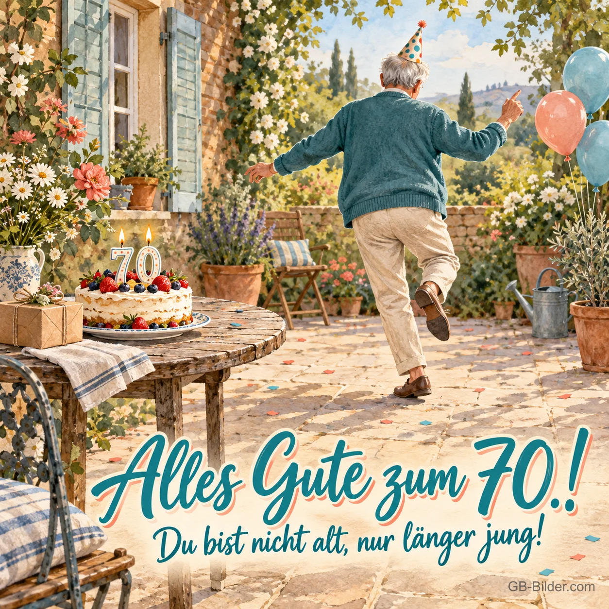 Älterer Mann mit Partyhut tanzt auf einer Terrasse, Text: Alles Gute zum 70.! Du bist nicht alt, nur länger jung! Älterer Mann mit Partyhut tanzt auf einer Terrasse, Text: Alles Gute zum 70.! Du bist nicht alt, nur länger jung!