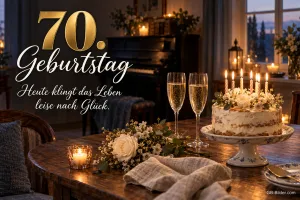 Torte und Sektgläser im Musikzimmer, Text: 70. Geburtstag – Heute klingt das Leben leise nach Glück.