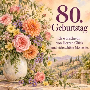 Blumenstrauß in Aquarell, Text: 80. Geburtstag – Glück und viele schöne Momente.