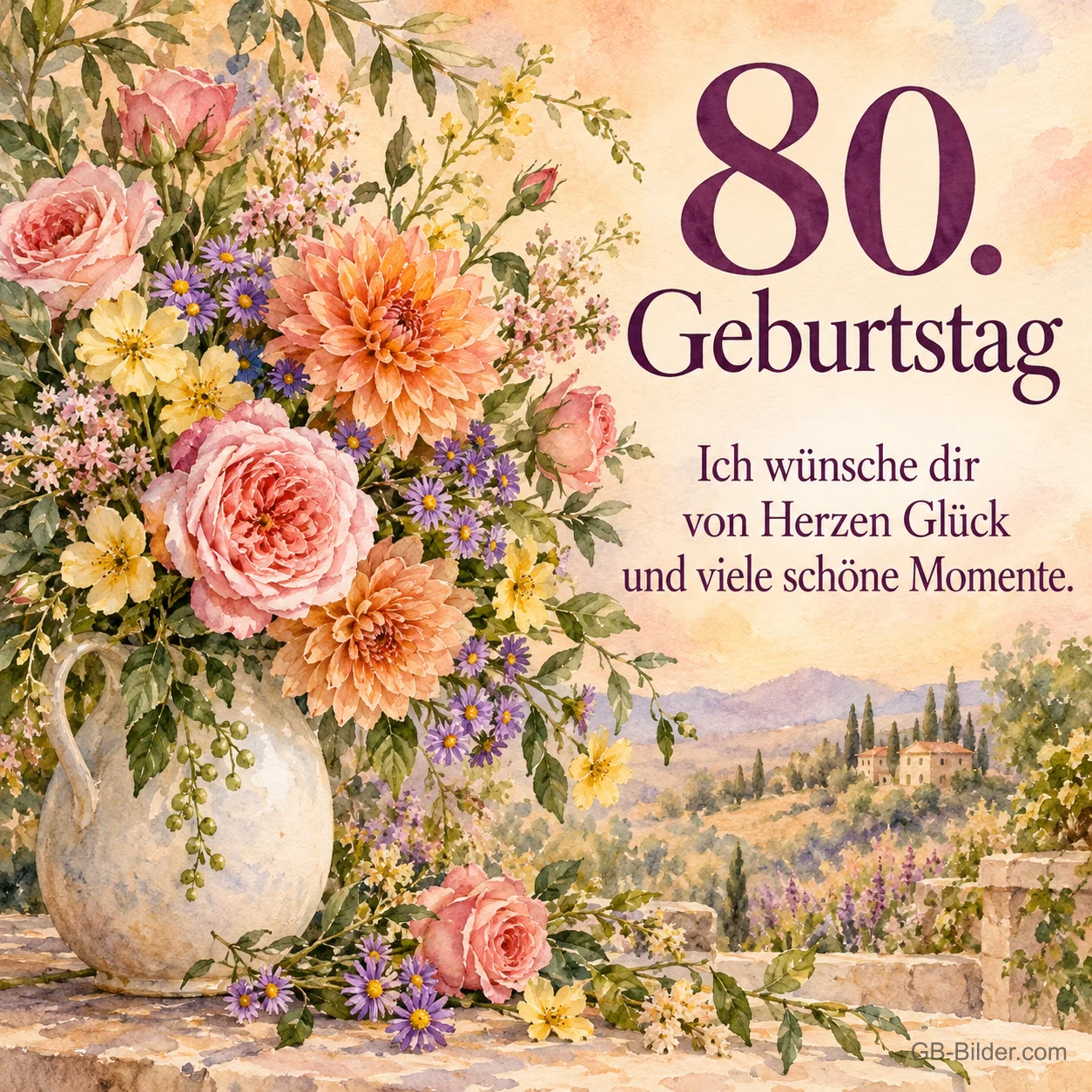 Blumenstrauß in Aquarell, Text: 80. Geburtstag – Glück und viele schöne Momente.