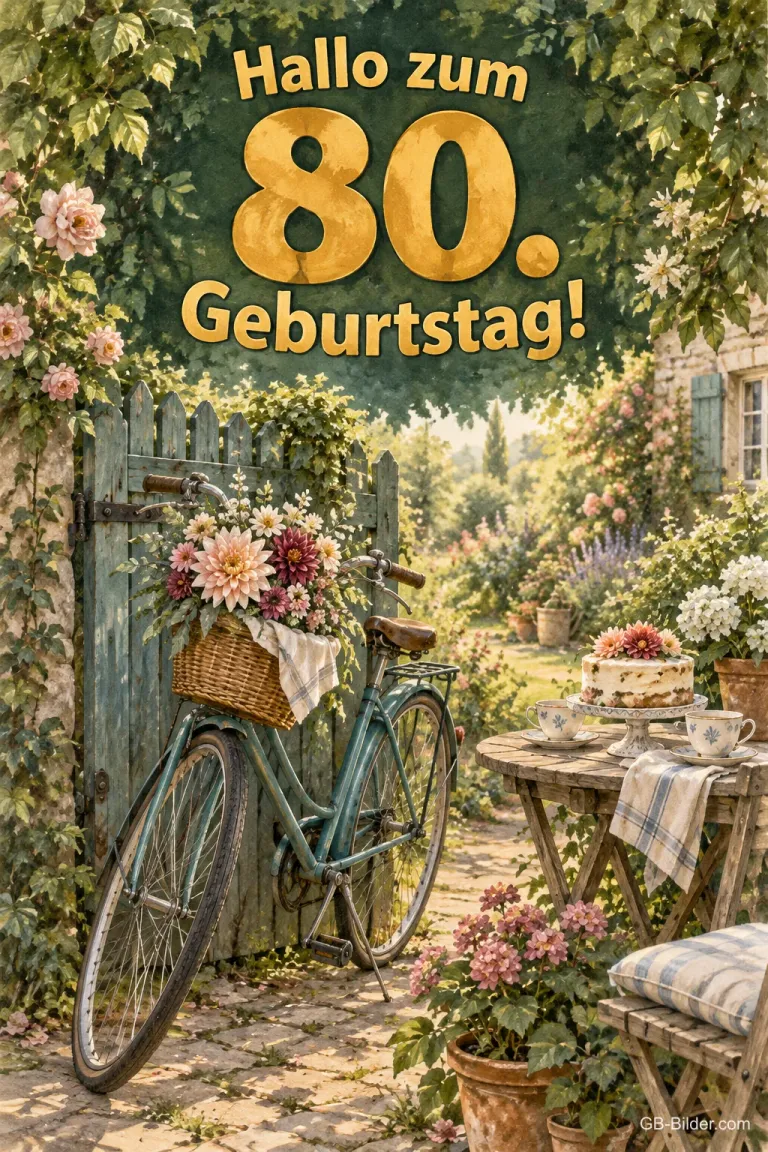 Fahrrad mit Blumenkorb am Gartentor, Text: Hallo zum 80. Geburtstag!