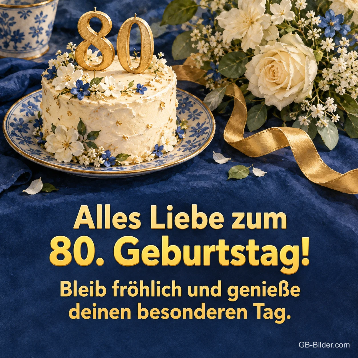 Torte mit goldener 80 und weißen Rosen, Text: Alles Liebe zum 80. Geburtstag! Torte mit goldener 80 und weißen Rosen, Text: Alles Liebe zum 80. Geburtstag!