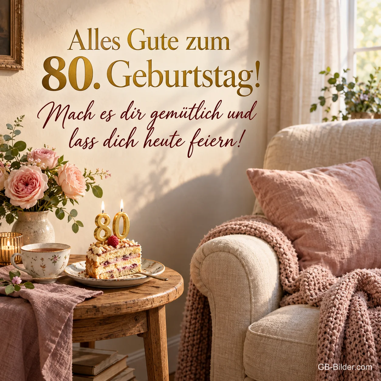 Sessel mit Torte und Tee, Text: Alles Gute zum 80. Geburtstag! Mach es dir gemütlich. Sessel mit Torte und Tee, Text: Alles Gute zum 80. Geburtstag! Mach es dir gemütlich.