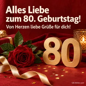 Goldene 80 mit roter Rose, Text: Alles Liebe zum 80. Geburtstag! Von Herzen liebe Grüße für dich!