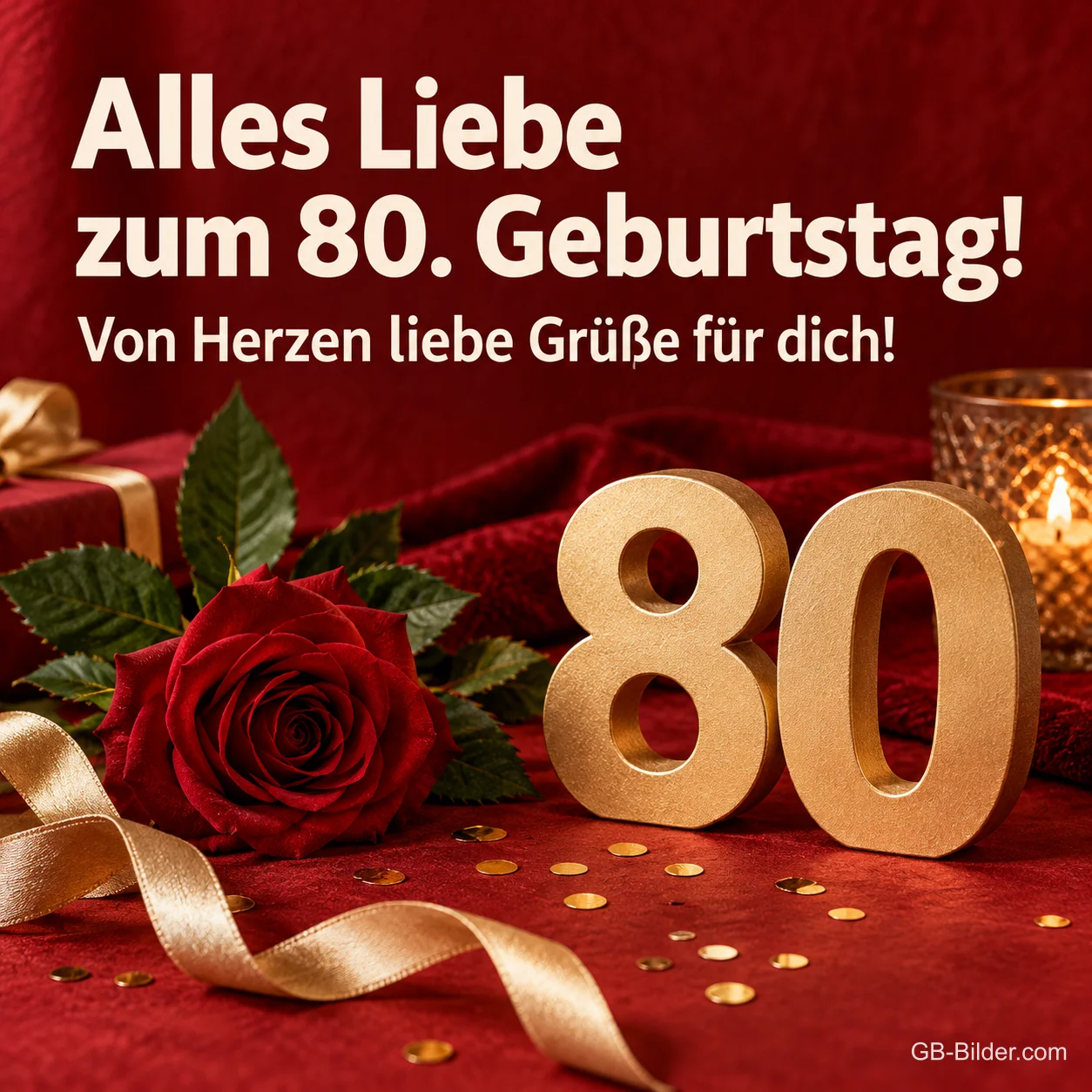 Goldene 80 mit roter Rose, Text: Alles Liebe zum 80. Geburtstag! Von Herzen liebe Grüße für dich! Goldene 80 mit roter Rose, Text: Alles Liebe zum 80. Geburtstag! Von Herzen liebe Grüße für dich!