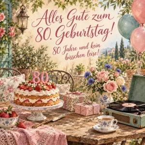 Erdbeertorte und Plattenspieler auf der Terrasse, Text: Alles Gute zum 80. Geburtstag! 80 Jahre und kein bisschen leise!