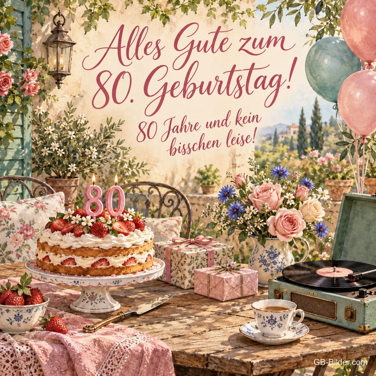 Erdbeertorte und Plattenspieler auf der Terrasse, Text: Alles Gute zum 80. Geburtstag! 80 Jahre und kein bisschen leise!