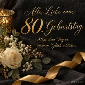 Weiße Rose mit Goldband auf dunklem Samt, Text: Alles Liebe zum 80. Geburtstag