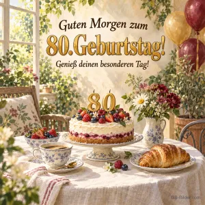 Beerentorte mit Kaffee am Fenster, Text: Guten Morgen zum 80. Geburtstag!