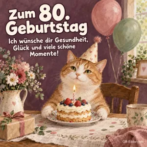 Rote Katze mit Partyhut hinter Torte, Text: Zum 80. Geburtstag