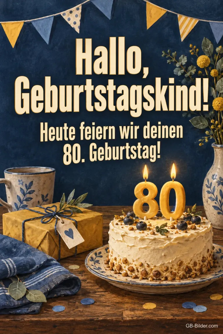 Torte mit 80-Kerzen unter Wimpeln, Text: Hallo, Geburtstagskind! Heute feiern wir deinen 80. Geburtstag!