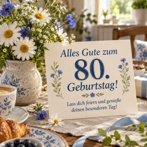 Karte zwischen Margeriten und Kornblumen, Text: Alles Gute zum 80. Geburtstag!