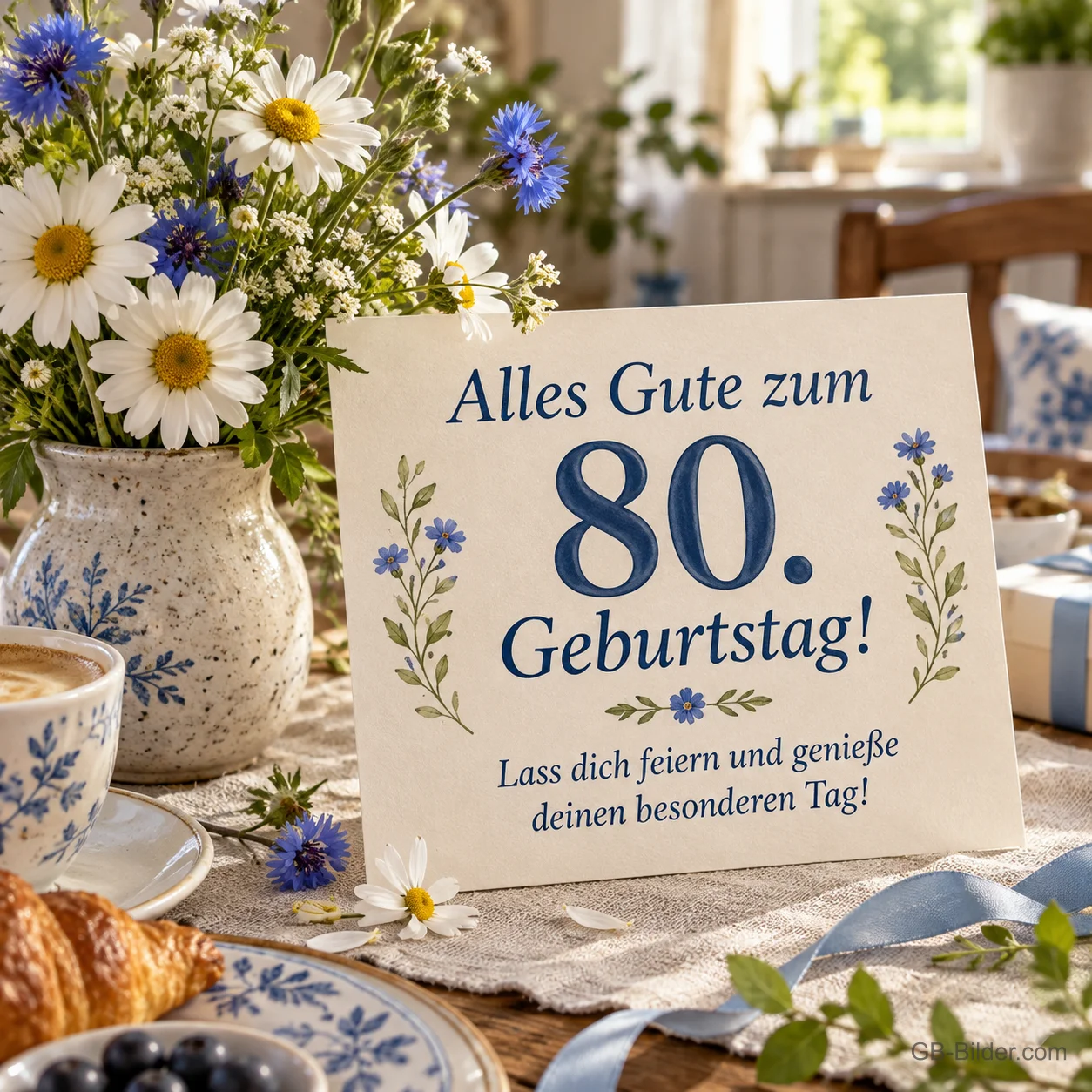 Karte zwischen Margeriten und Kornblumen, Text: Alles Gute zum 80. Geburtstag! Karte zwischen Margeriten und Kornblumen, Text: Alles Gute zum 80. Geburtstag!