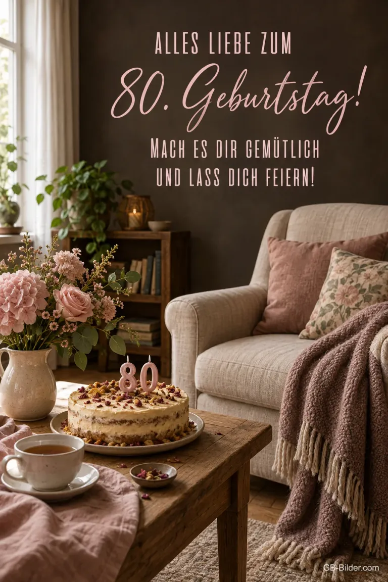 Gemütliche Stube mit Torte, Text: Alles Liebe zum 80. Geburtstag!
