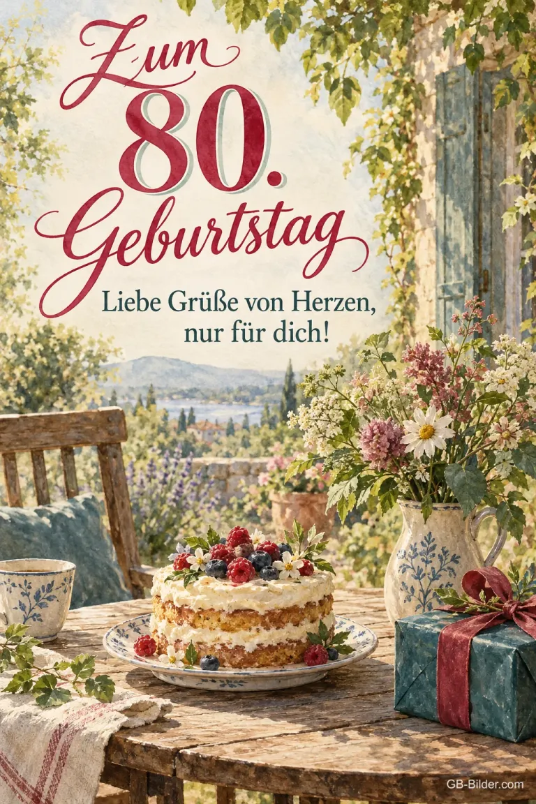 Beerentorte auf einem Gartentisch am See, Text: Zum 80. Geburtstag – Liebe Grüße von Herzen