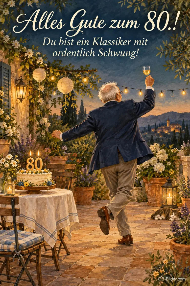 Älterer Mann tanzt auf einer Terrasse, Text: Alles Gute zum 80.! Du bist ein Klassiker mit ordentlich Schwung!