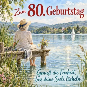 Ältere Frau mit Strohhut auf einem Steg, Text: Zum 80. Geburtstag – Genieß die Freiheit