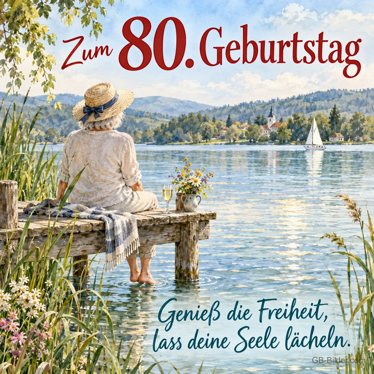 Ältere Frau mit Strohhut auf einem Steg, Text: Zum 80. Geburtstag – Genieß die Freiheit Ältere Frau mit Strohhut auf einem Steg, Text: Zum 80. Geburtstag – Genieß die Freiheit