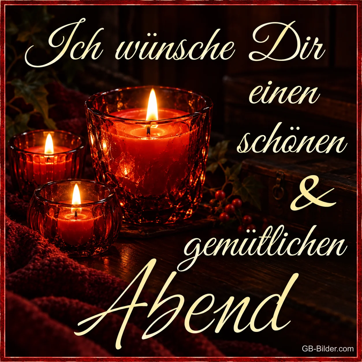 Brennende Kerzen in roten Glaswindlichtern, Text: Ich wünsche Dir einen schönen & gemütlichen Abend