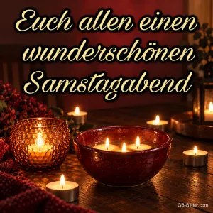 Teelichter in Glasschalen, Text: Euch allen einen wunderschönen Samstagabend