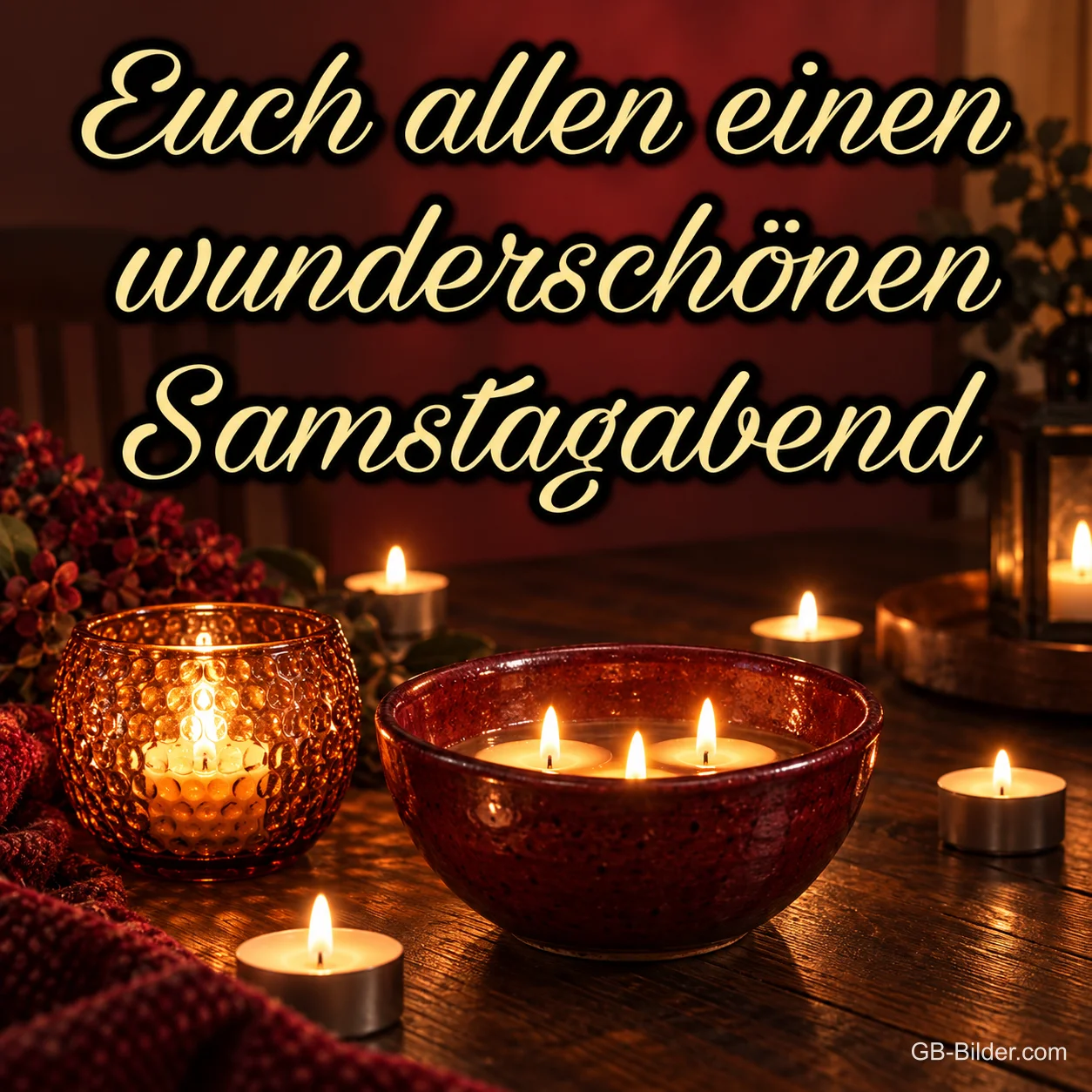 Teelichter in Glasschalen, Text: Euch allen einen wunderschönen Samstagabend