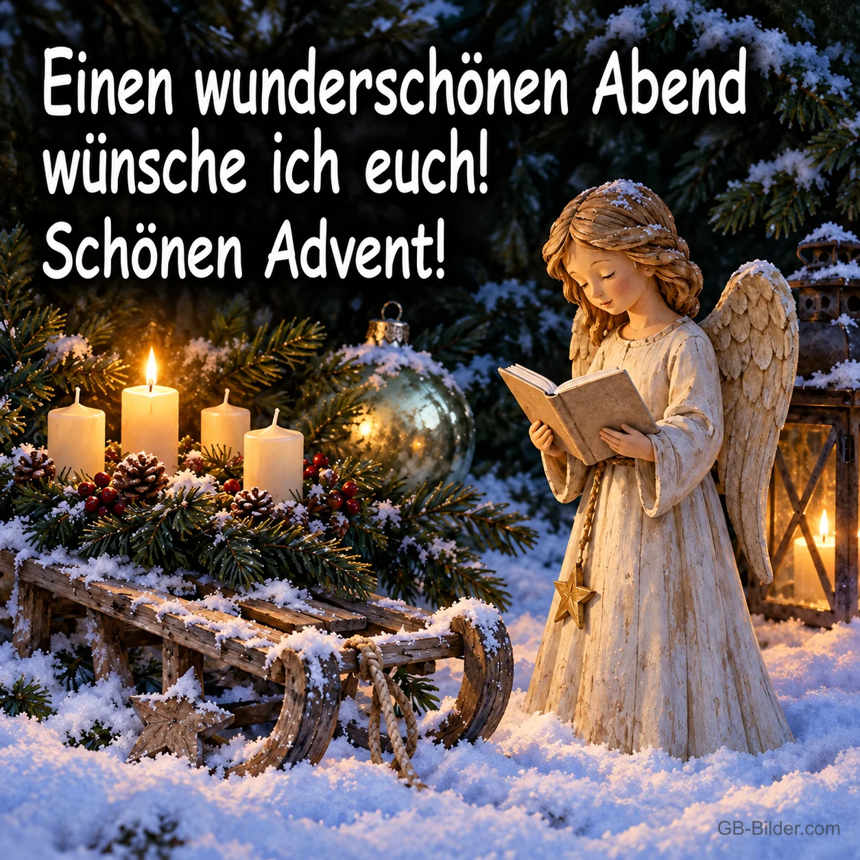Engelfigur liest ein Buch neben Kerzen und Schlitten im Schnee, Text: Einen wunderschönen Abend wünsche ich euch! Schönen Advent! Engelfigur liest ein Buch neben Kerzen und Schlitten im Schnee, Text: Einen wunderschönen Abend wünsche ich euch! Schönen Advent!