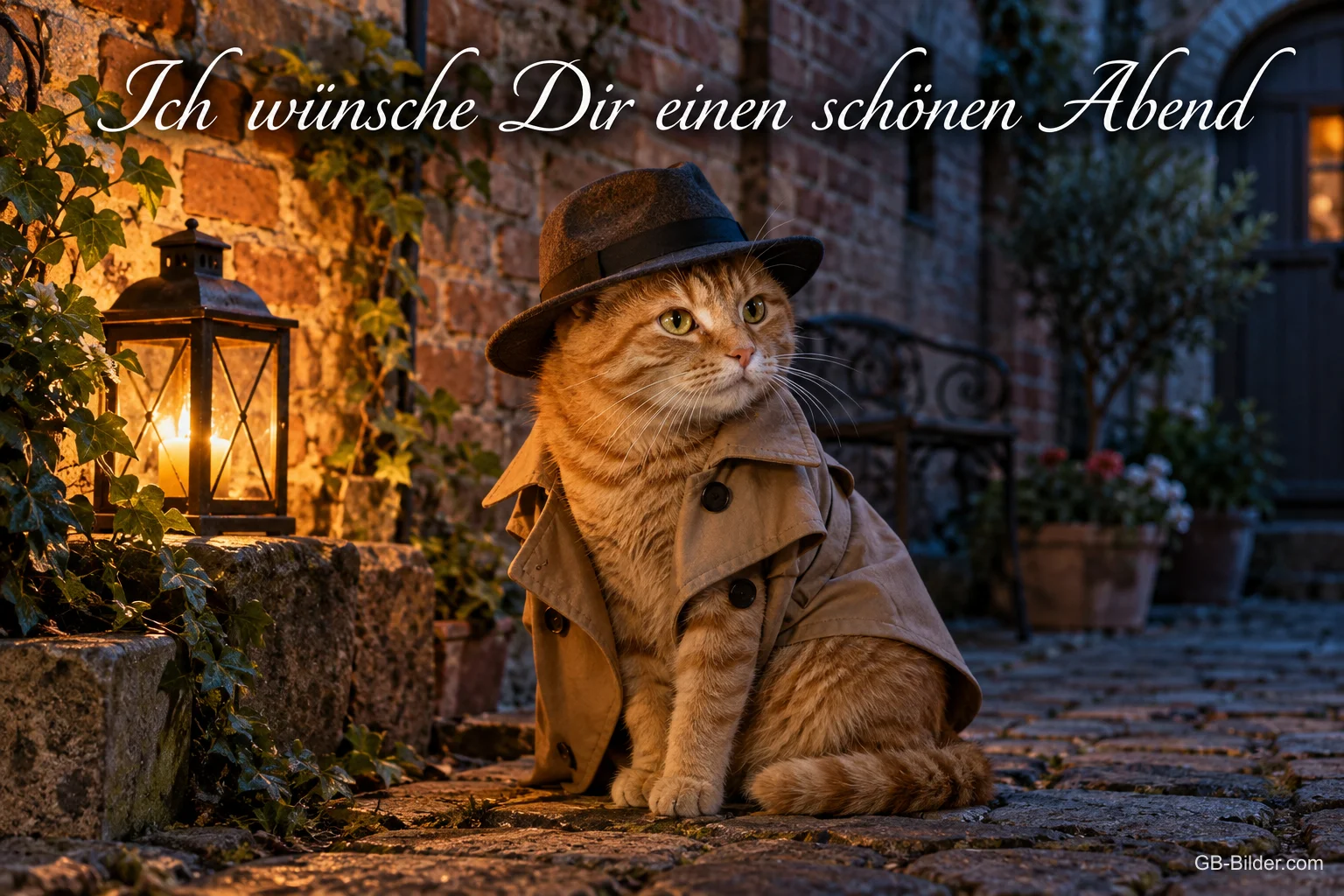 Katze mit Hut und Trenchcoat sitzt unter einer Laterne, Text: Ich wünsche Dir einen schönen Abend